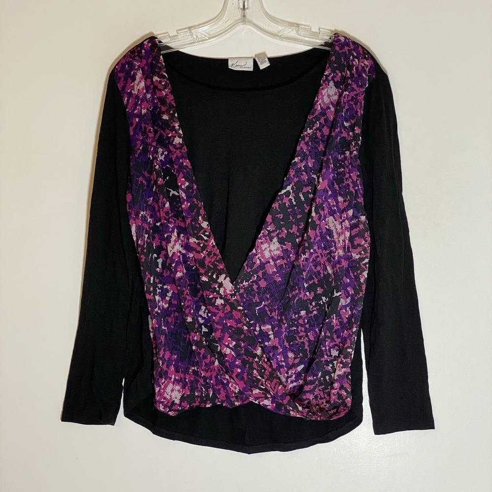 Kim Rogers Top Womens Medium‎ Black Purple Drape Colorful Boho Casual Classy M